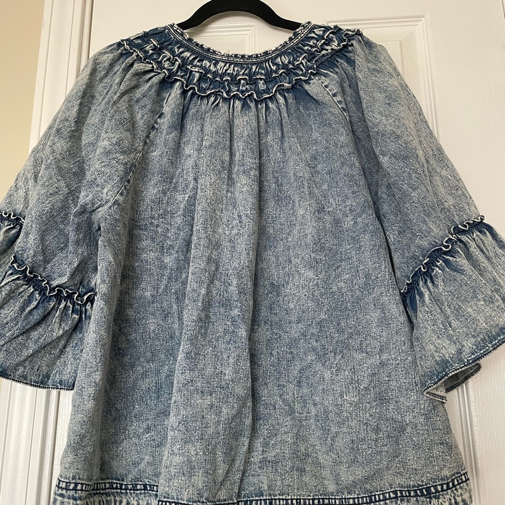 Free People Washed Blue Ruffle Peasant Tunic - Picture 2 of 7